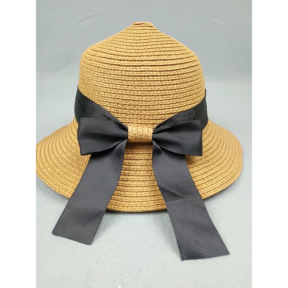 Woven Straw Sun Hat with Large Black Grosgrain Bow and Chin Strap Tan